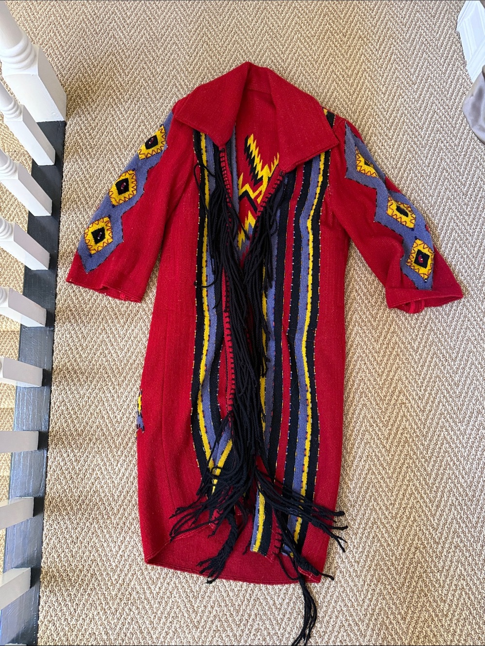 Heavy long beaded Native American vibe red coat with black string fringe